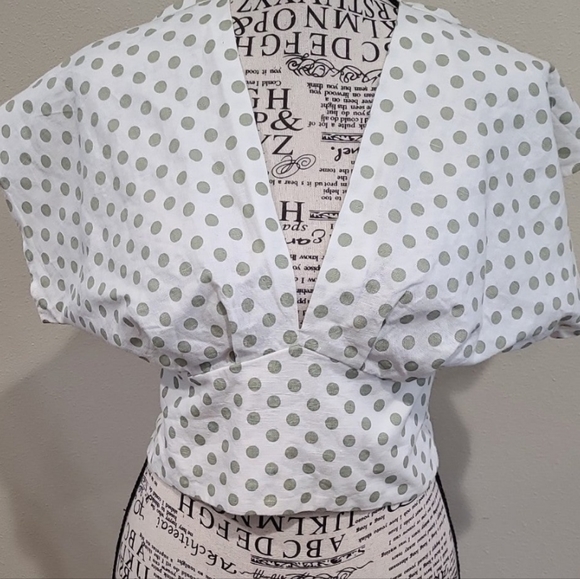 Zara Size Small Olive Green and Cream Polka Dot Linen Blend Crop Top - Picture 2 of 11